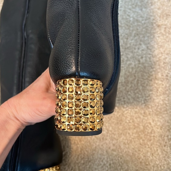Kurt Geiger Mayfair black leather over the knee heel boots rhinestone gold shoe - Picture 10 of 12